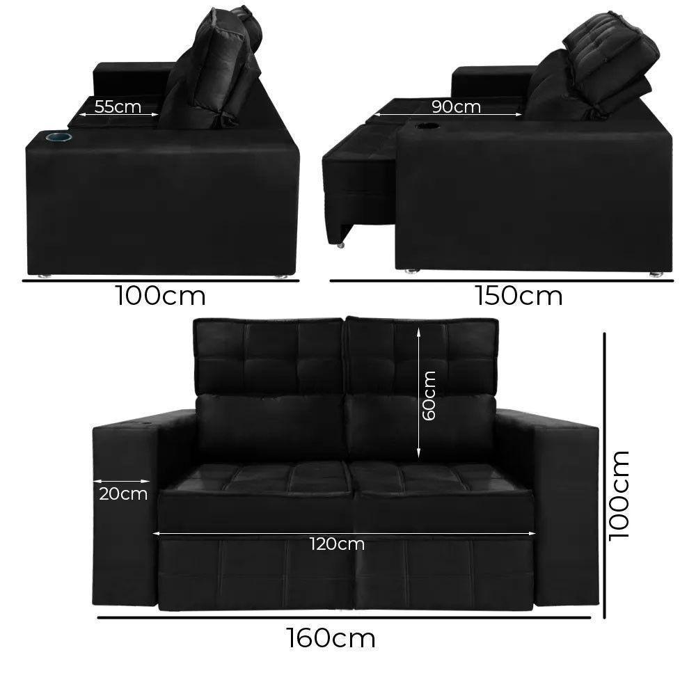 Sofá Retrátil E Reclinável 2 Lugares Londres 1.60cm Com Molas Veludo Speciale Home Preto - 3