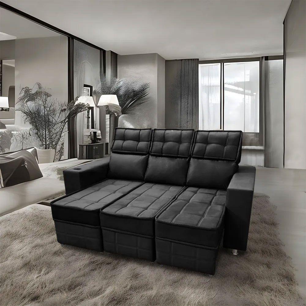 Sofá Retrátil E Reclinável 3 Lugares Londres 2.10cm Com Molas Veludo Speciale Home Preto - 2