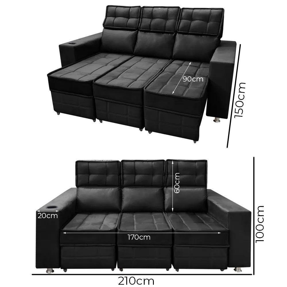 Sofá Retrátil E Reclinável 3 Lugares Londres 2.10cm Com Molas Veludo Speciale Home Preto - 5