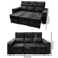 Sofá Retrátil E Reclinável 3 Lugares Londres 2.10cm Com Molas Veludo Speciale Home Preto - 5