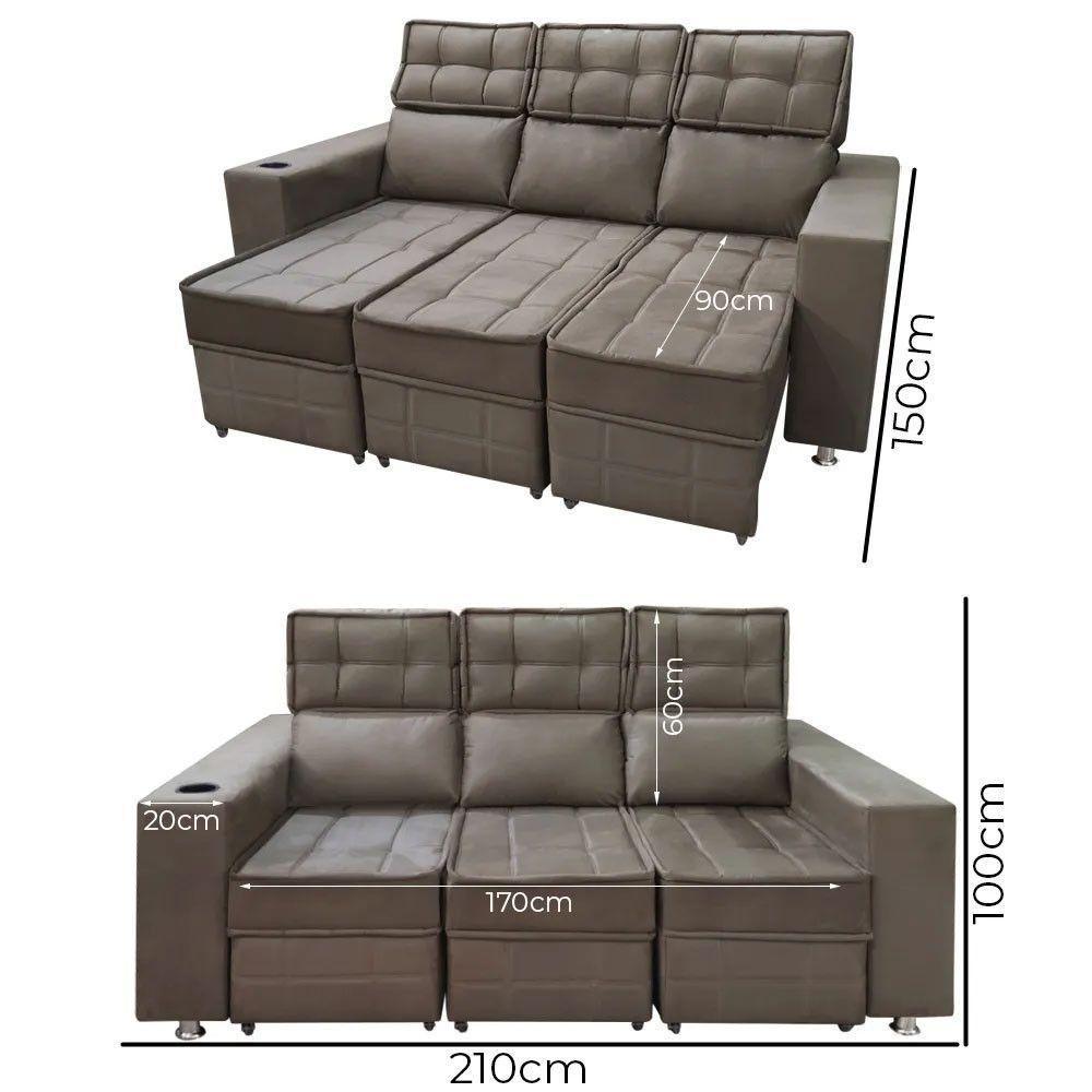 Sofá Retrátil E Reclinável 3 Lugares Londres 2.10cm Com Molas Veludo Speciale Home Marrom Castor - 3