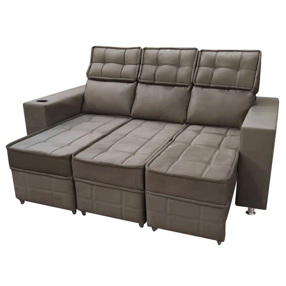 Sofá Retrátil E Reclinável 3 Lugares Londres 2.10cm Com Molas Veludo Speciale Home Marrom Castor - 4