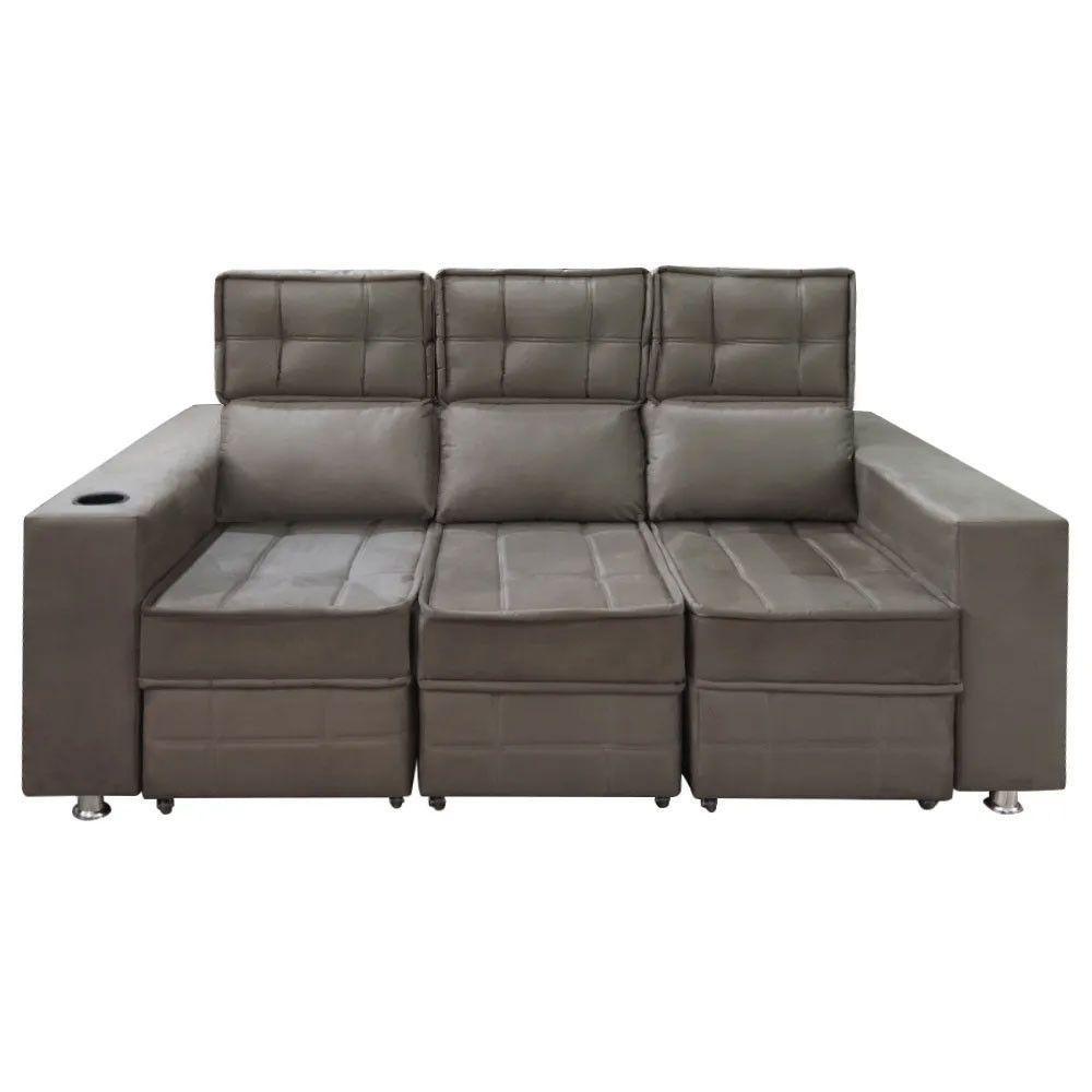 Sofá Retrátil E Reclinável 3 Lugares Londres 2.10cm Com Molas Veludo Speciale Home Marrom Castor - 6