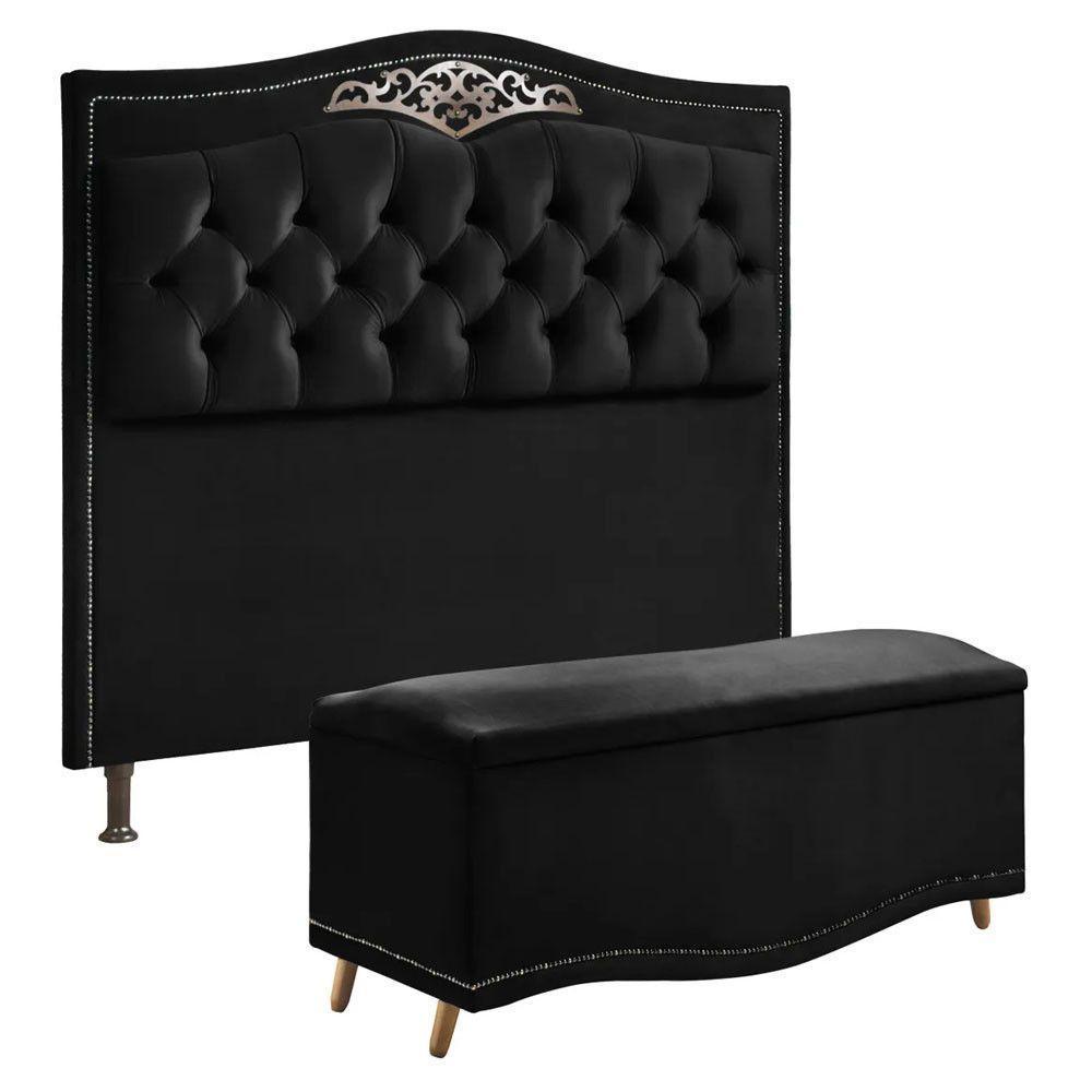 Conjunto Cabeceira E Calçadeira Holanda 1,95 Cm Veludo Speciale Home Preto - 1