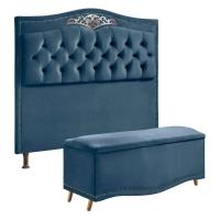 Conjunto Cabeceira E Calçadeira Holanda 140cm Veludo Luxor Azul Speciale Home Azul - 1