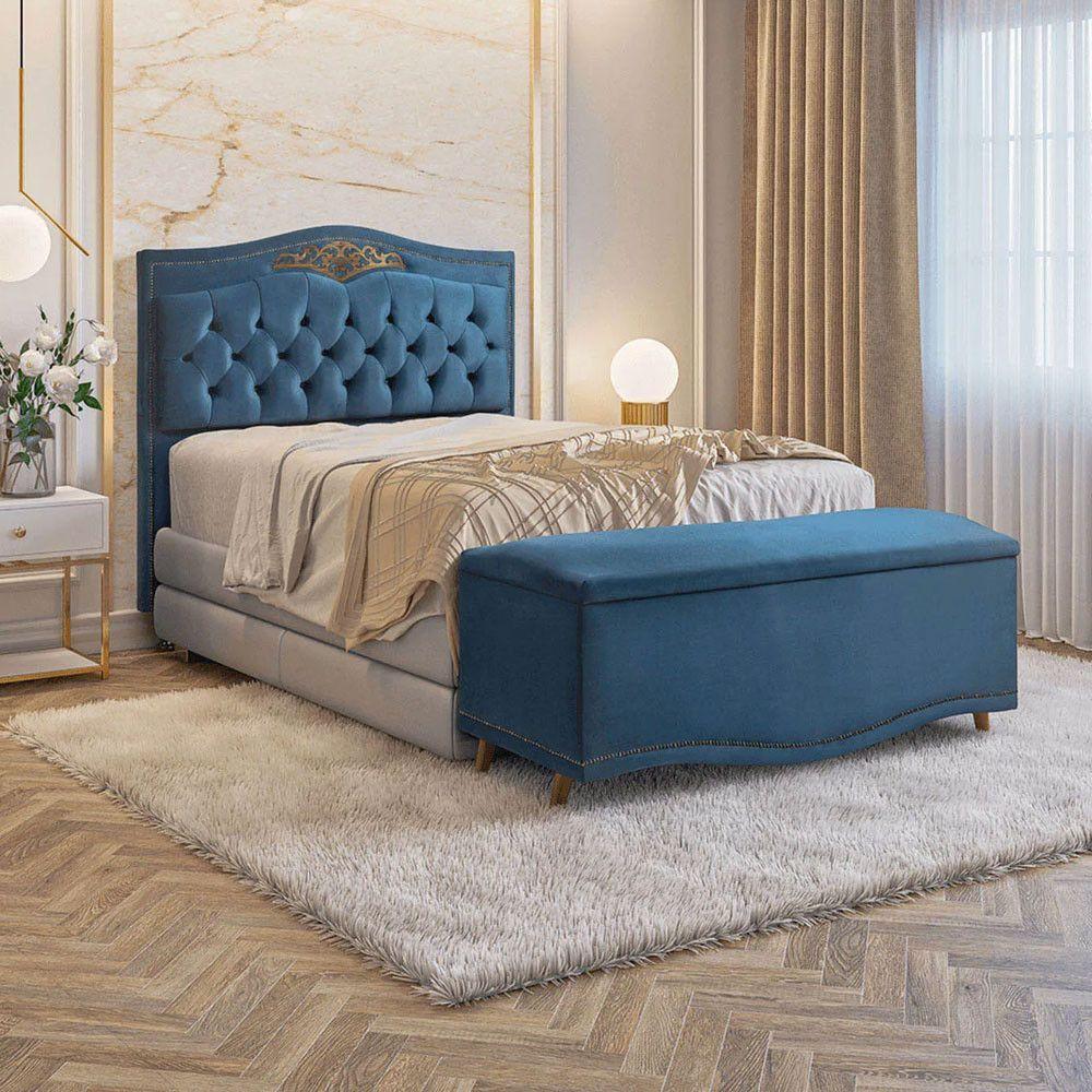 Conjunto Cabeceira E Calçadeira Holanda 1,95 Cm Veludo Speciale Home Azul - 2