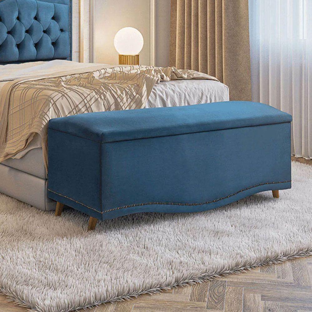 Conjunto Cabeceira E Calçadeira Holanda 1,95 Cm Veludo Speciale Home Azul - 3