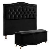 Conjunto Cabeceira E Calçadeira Holanda 90cm Veludo 2.0 Speciale Home Preto - 1