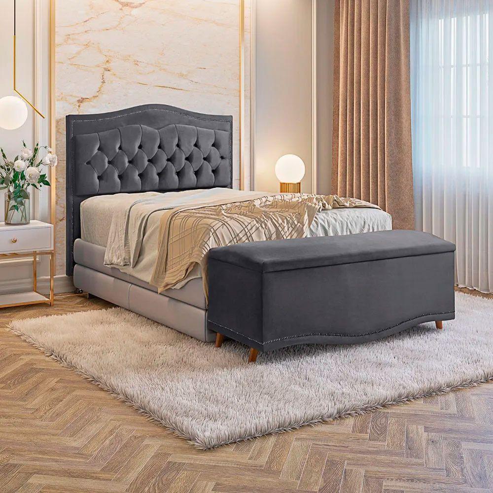 Conjunto Cabeceira E Calçadeira Holanda 90cm Veludo 2.0 Speciale Home Cinza Chumbo - 2