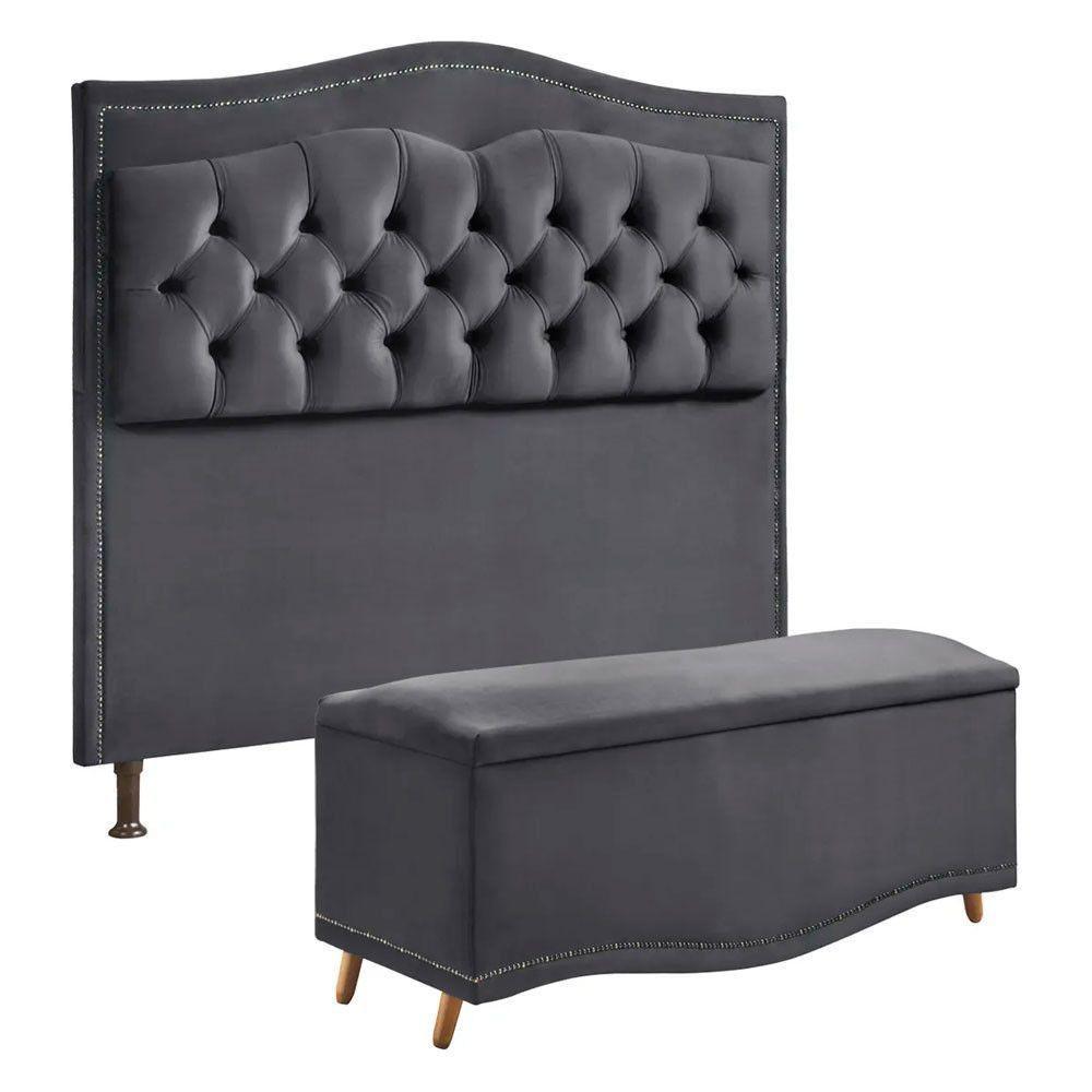 Conjunto Cabeceira E Calçadeira Holanda 140cm Veludo 2.0 Speciale Home Cinza Chumbo - 1