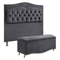 Conjunto Cabeceira E Calçadeira Holanda 140cm Veludo 2.0 Speciale Home Cinza Chumbo - 1
