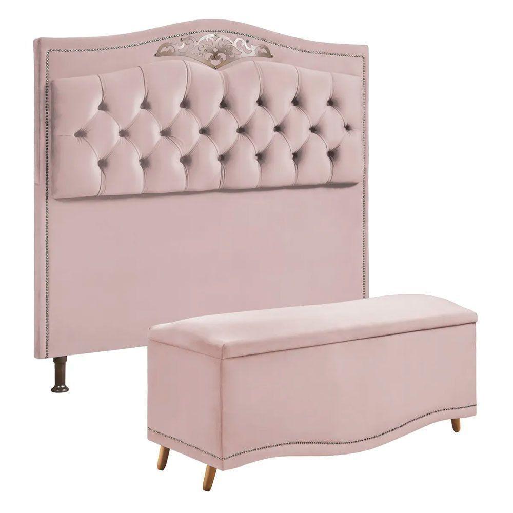 Conjunto Cabeceira E Calçadeira Holanda 140cm Veludo Rosê Speciale Home Rose - 1