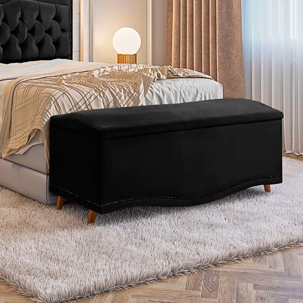 Conjunto Cabeceira E Calçadeira Holanda 140cm Veludo Speciale Home Preto - 2