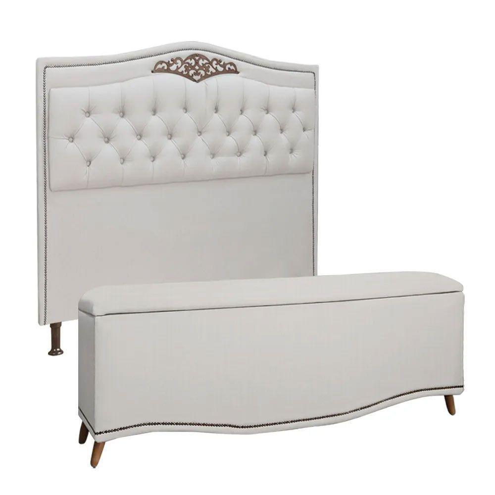 Conjunto Cabeceira E Calçadeira Holanda 1,95 Cm Linho Speciale Home Branco - 1