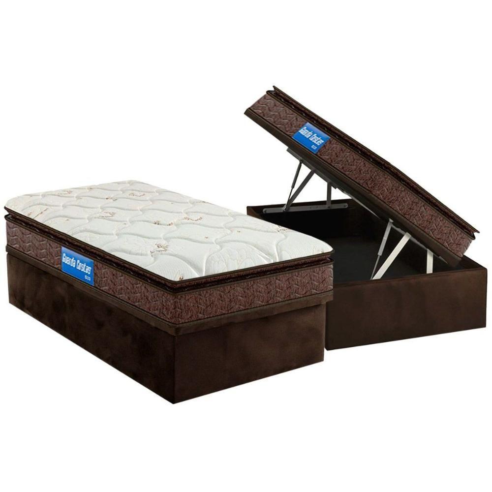 Conjunto Box Baú Solteiro: Colchão Espuma Probel D33 Guarda Costas Plus Pillow Top + Base CRC Suede Brown(88x188) - 1