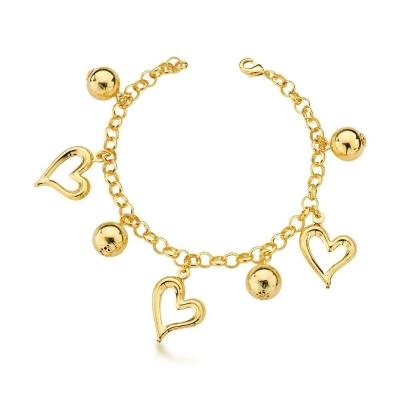 Pulseira Com Pingentes Bola E Coração Banhado Ouro 18k - 18cm