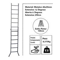 Escada Extensiva 3 Em 1 Metalon 40x20mm 6 E 12 Degraus 160cm - 2