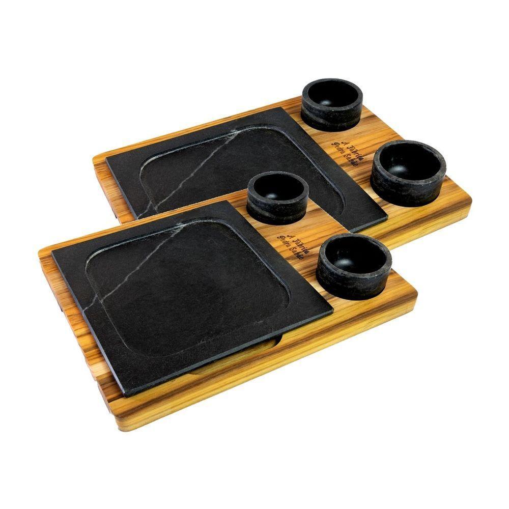 Kit 2 Prato Com 04 Molheiras Pedra Sabão E Suporte G 25x25cm. - 1