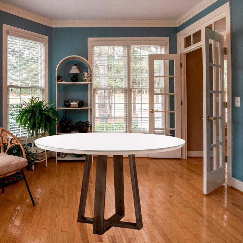 Mesa De Jantar Redonda Natalle Madeira Maciça E Tampo Com Vidro 120cm Móveis Mix Castanho-off White - 1