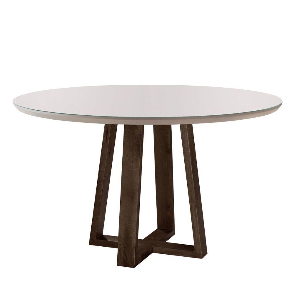 Mesa De Jantar Redonda Natalle Madeira Maciça E Tampo Com Vidro 120cm Móveis Mix Castanho-off White - 4