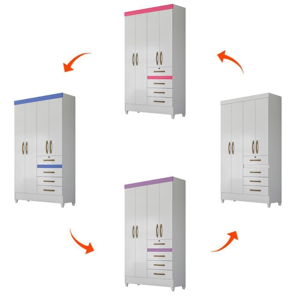 Guarda Roupa Solteiro 4 Portas 4 Gavetas Branco - Rosa - Azul - Lilas Flex Sobral - Moval - 6