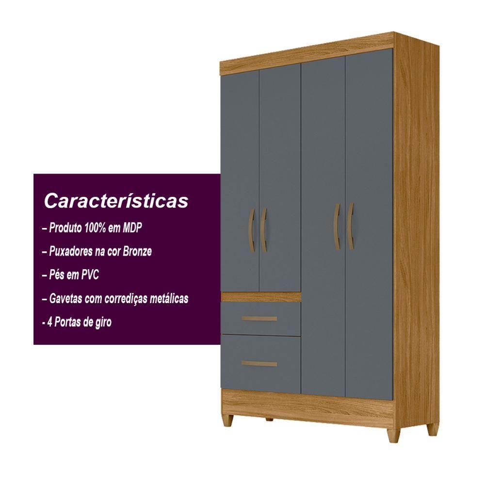 Guarda Roupa Solteiro 4 Portas 2 Gavetas Freijo - Cinza Madri - Moval - 2