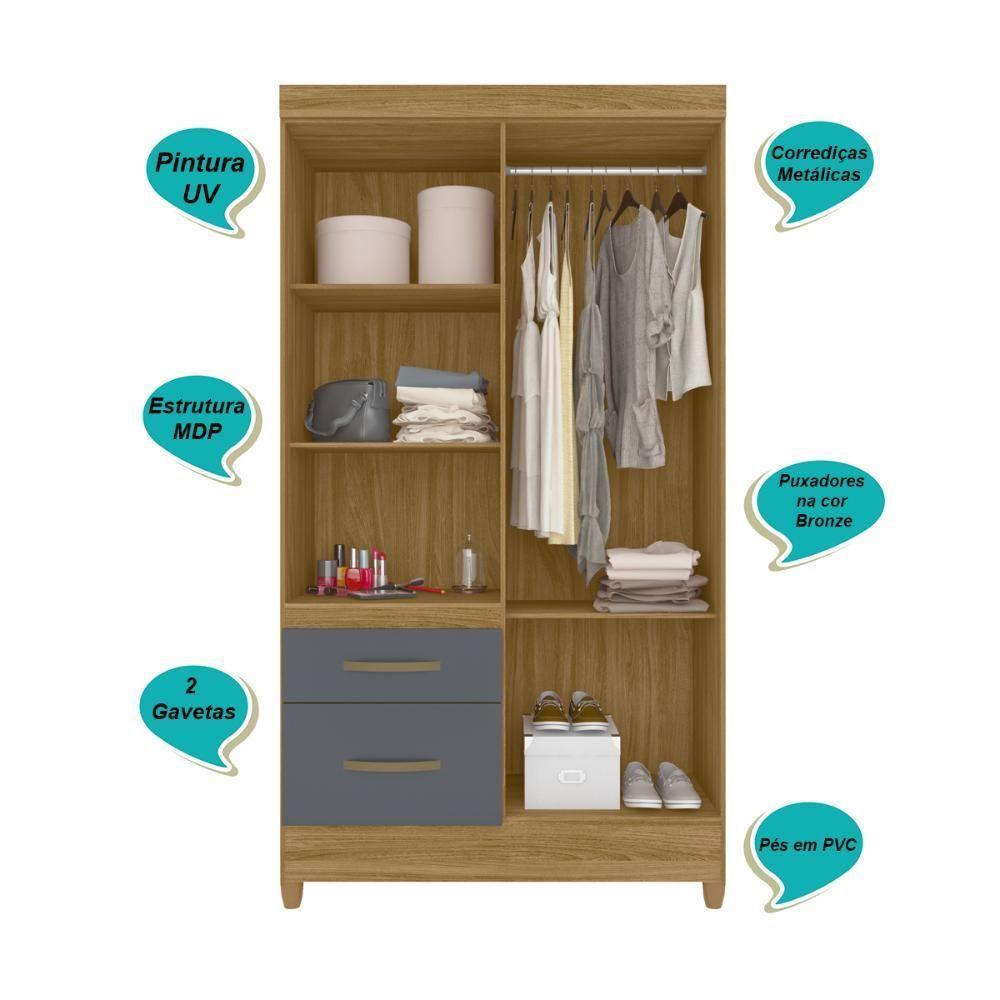 Guarda Roupa Solteiro 4 Portas 2 Gavetas Freijo - Cinza Madri - Moval - 4