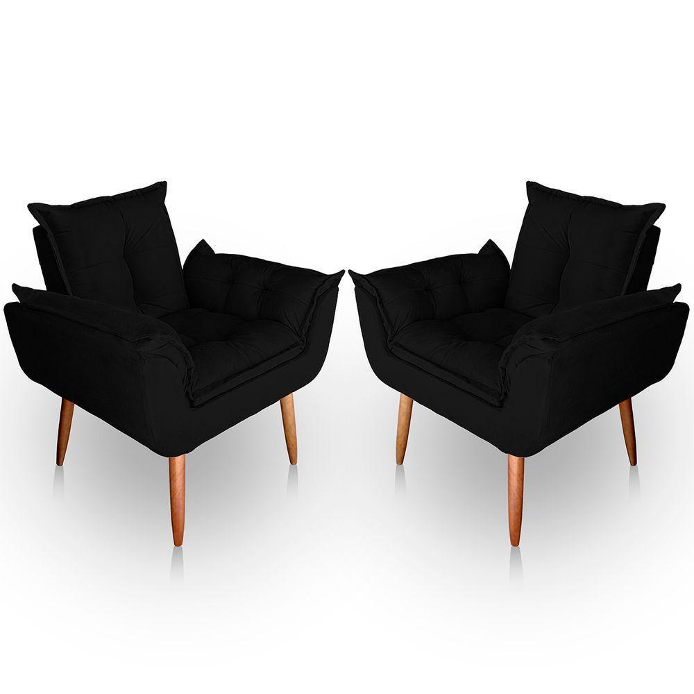 Kit 02 Poltrona Para Sala E Quarto Decorativa Opala Suede Cor Preto - 1