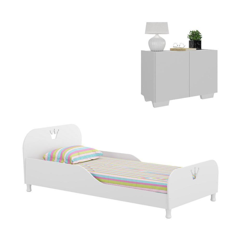 Cama Solteiro 100% Mdf Com Colchão E Mesa De Cabeceira 2 Portas Multimóveis Mp4186 Branca Branco - 1