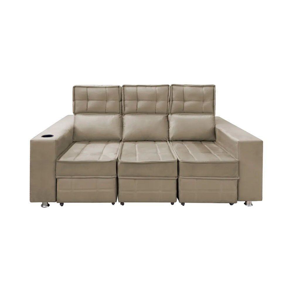 Sofá Retrátil E Reclinável 3 Lugares Londres 1.90cm Com Molas Suede Speciale Home Bege - 3