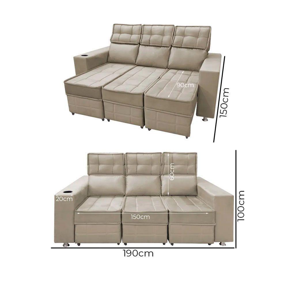 Sofá Retrátil E Reclinável 3 Lugares Londres 1.90cm Com Molas Suede Speciale Home Bege - 5