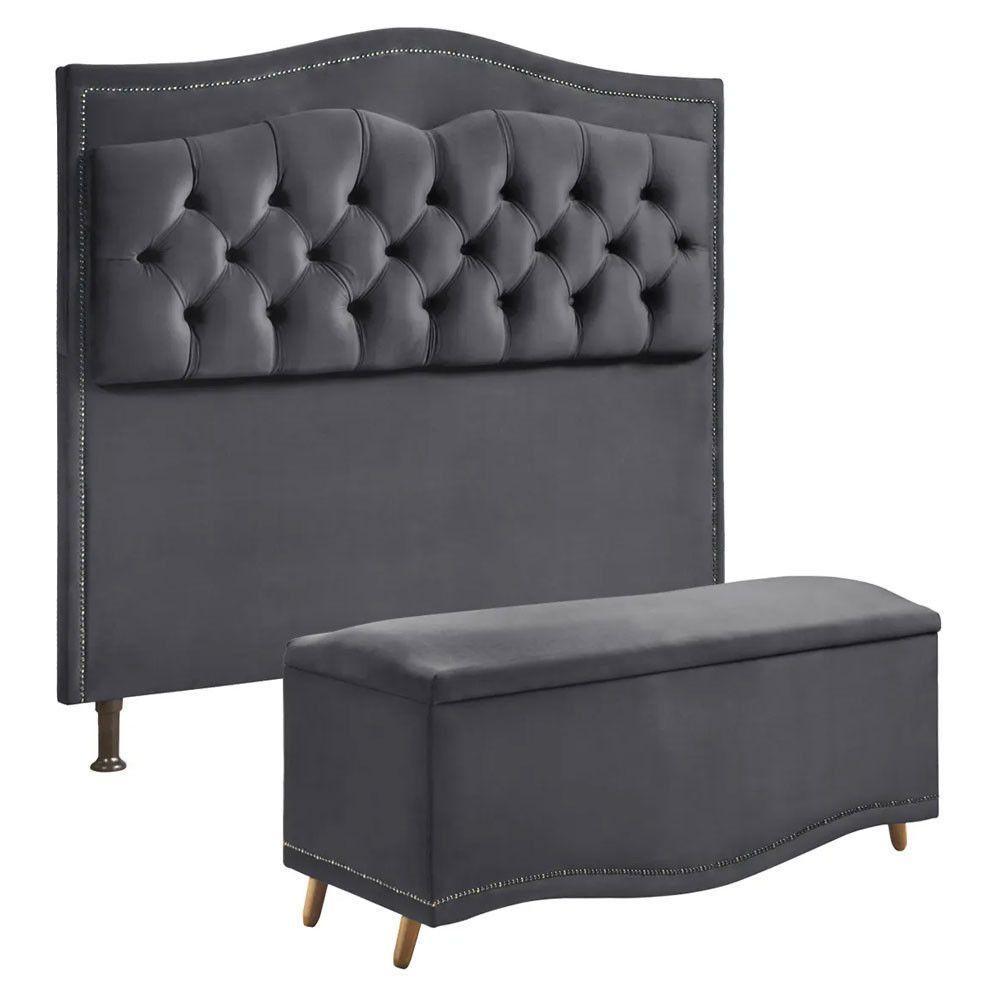 Conjunto Cabeceira E Calçadeira Holanda 1,60 Cm Veludo 2.0 Speciale Home Cinza Chumbo - 1
