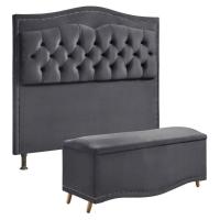 Conjunto Cabeceira E Calçadeira Holanda 1,60 Cm Veludo 2.0 Speciale Home Cinza Chumbo - 1