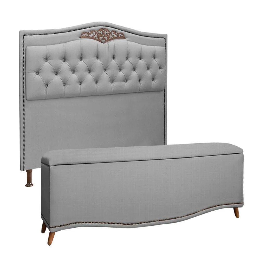 Conjunto Cabeceira E Calçadeira Holanda 90cm Linho Speciale Home Grafite - 1