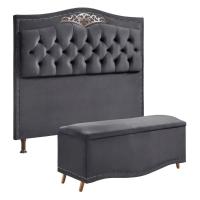 Conjunto Cabeceira E Calçadeira Holanda 90cm Veludo Speciale Home Cinza Chumbo - 1