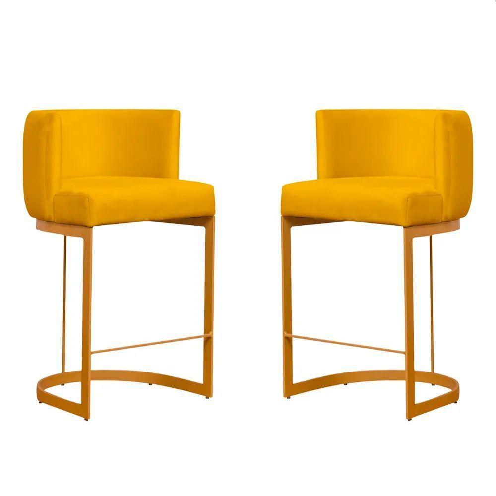 Kit 2 Banquetas Decorativas Para Cozinha Em Suede Amarelo Com Base Dourada Amarelo Com Dourado - 1