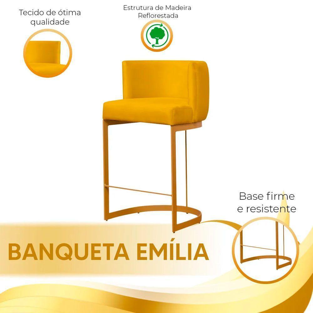 Kit 2 Banquetas Decorativas Para Cozinha Em Suede Amarelo Com Base Dourada Amarelo Com Dourado - 3