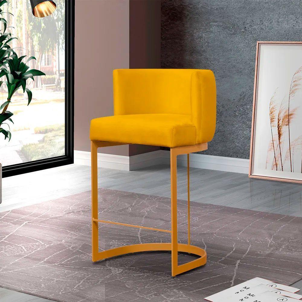 Kit 2 Banquetas Decorativas Para Cozinha Em Suede Amarelo Com Base Dourada Amarelo Com Dourado - 4