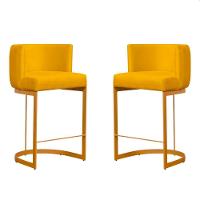 Kit 2 Banquetas Decorativas Para Cozinha Em Suede Amarelo Com Base Dourada Amarelo Com Dourado - 1
