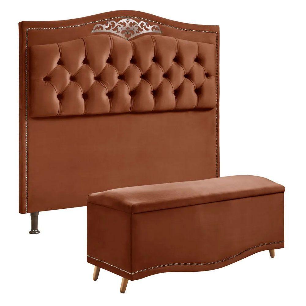 Conjunto Cabeceira E Calçadeira Holanda 90cm Veludo Speciale Home Terracota - 1
