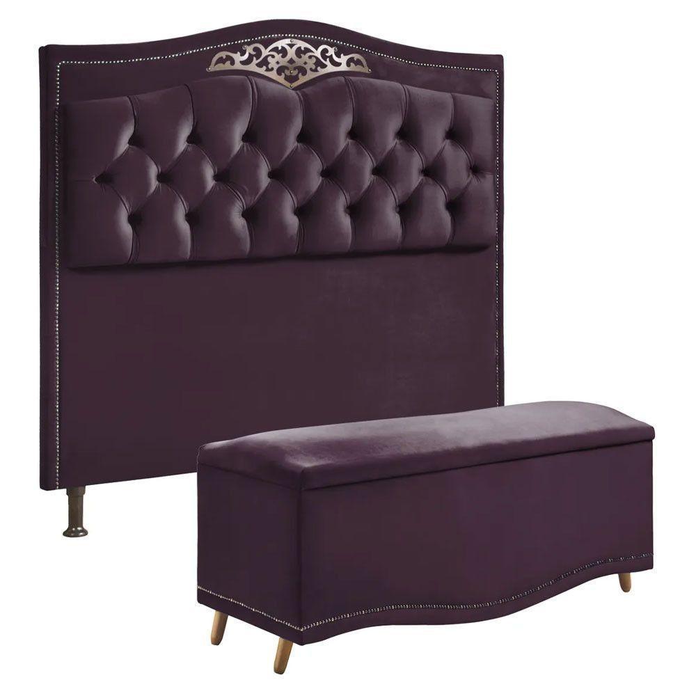 Conjunto Cabeceira E Calçadeira Holanda 1,60 Cm Veludo Speciale Home Roxo - 1