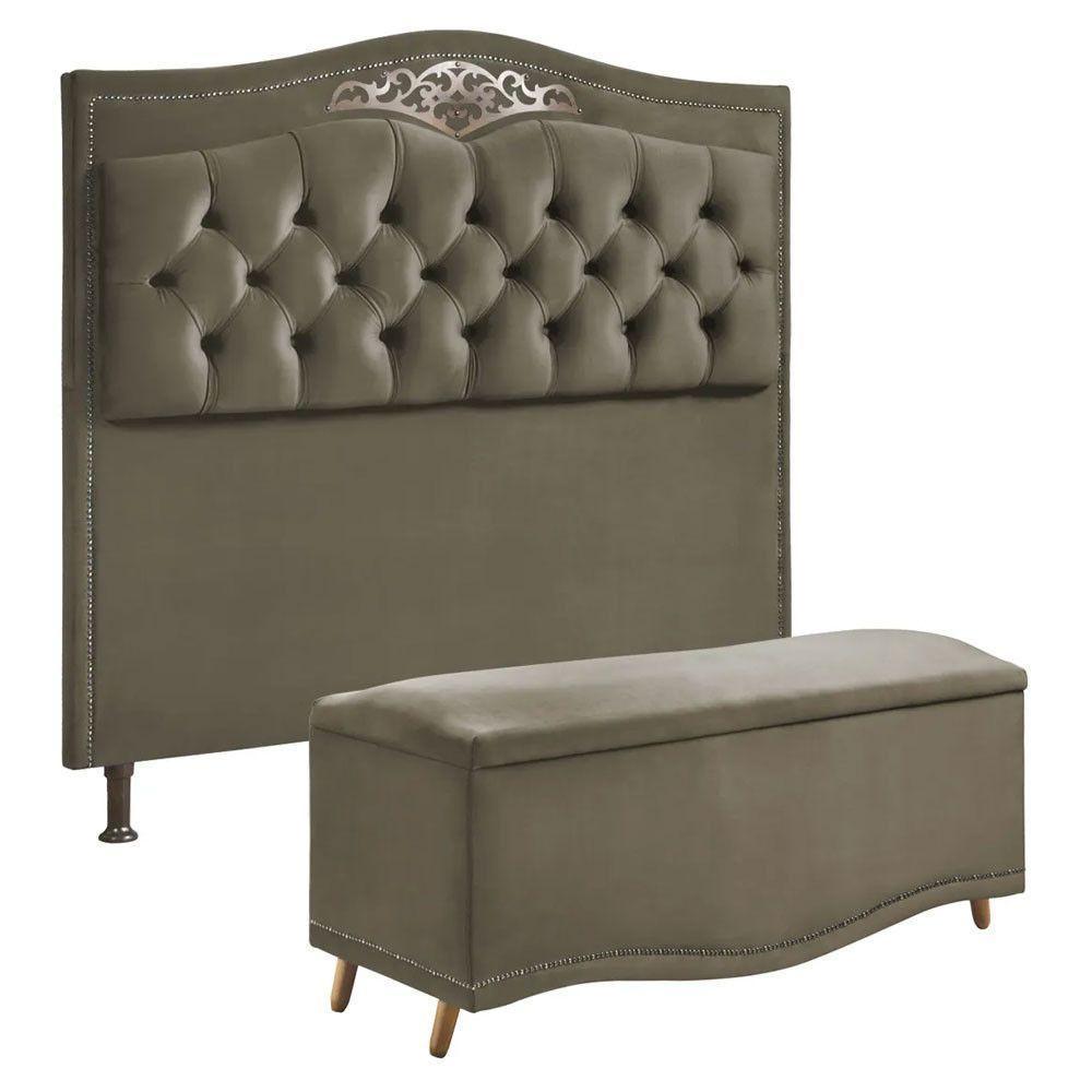 Conjunto Cabeceira E Calçadeira Holanda 1,60 Cm Veludo Speciale Home Marrom Castor - 1