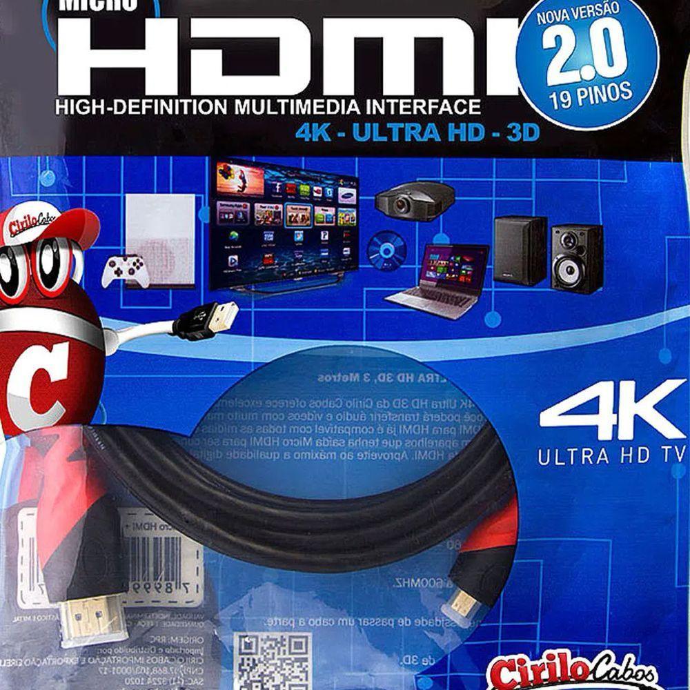 Cabo Micro Hdmi Para Hdmi 2.0, Ultra Hd, 4k, 3d - 3 Metros - 5