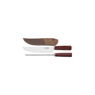 Jogo Para Churrasco Tramontina Em Aço Inox Cabo Vermelho Polywood Com Bainha De Couro 2 Peças Tramontina