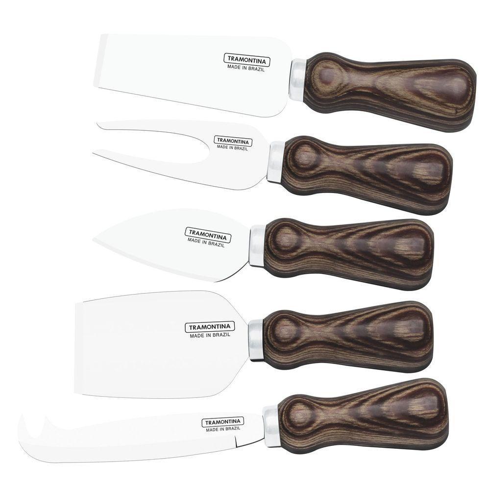 Jogo Para Queijo Harmoniza Em Aço Inox Cabos De Madeira Polywood Castanho 5 Peças - 1