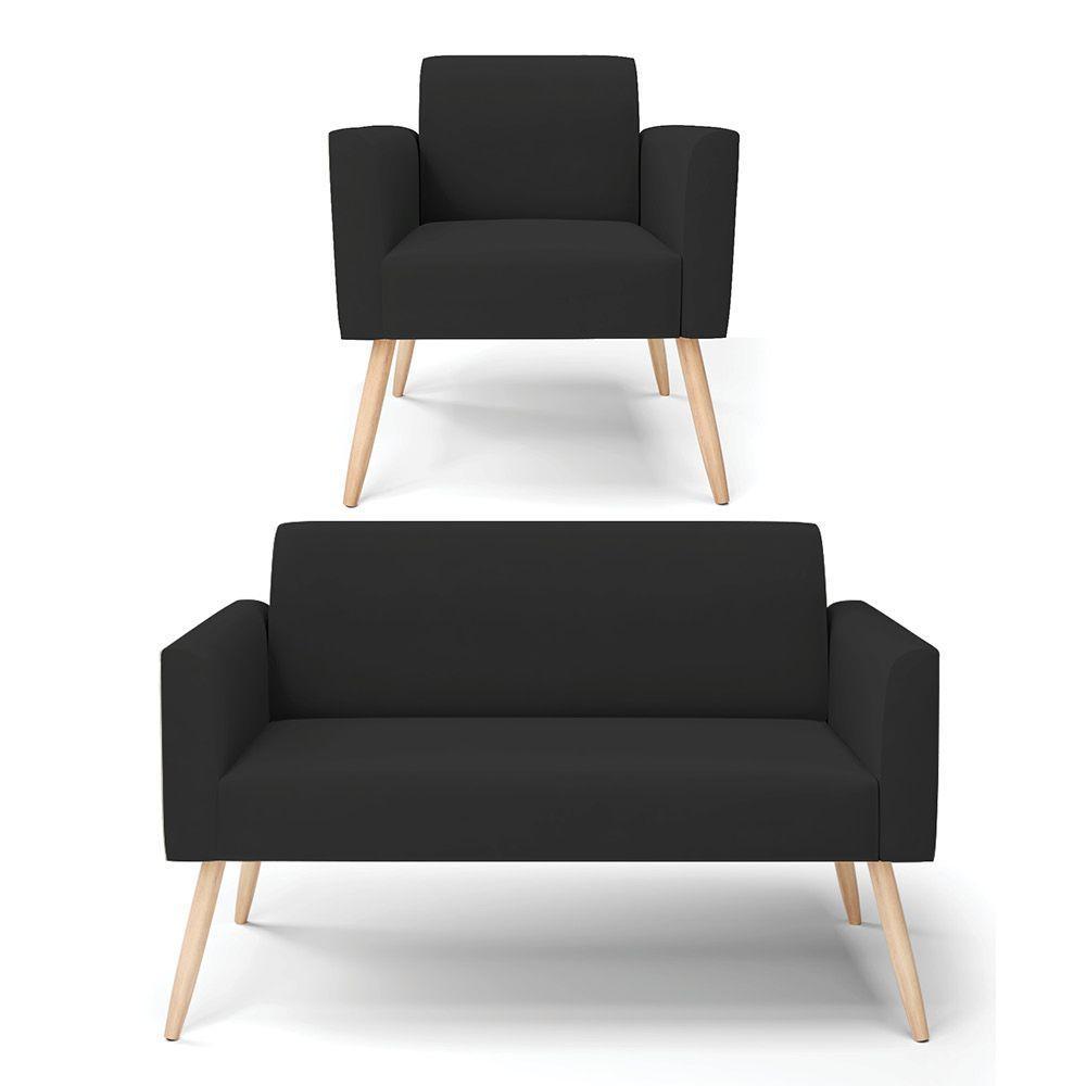 Sofá Namoradeira Com Poltrona Pés Palito Natural Marisa Veludo D03 - D\'rossi Cor Preto - 1