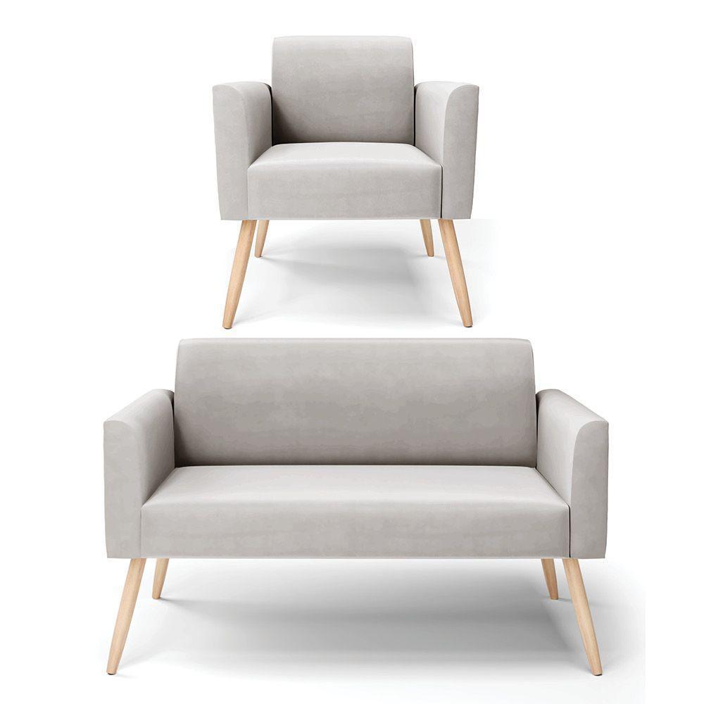 Sofá Namoradeira Com Poltrona Pés Palito Natural Marisa Veludo D03 - D\'rossi Cor Cinza - 1