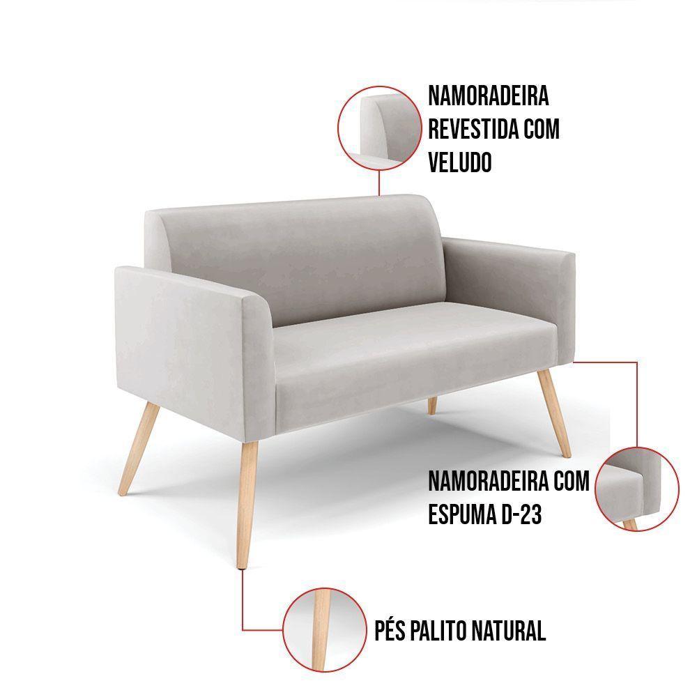 Sofá Namoradeira Com Poltrona Pés Palito Natural Marisa Veludo D03 - D\'rossi Cor Cinza - 5