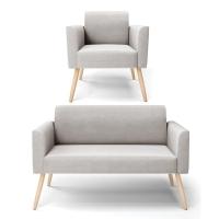 Sofá Namoradeira Com Poltrona Pés Palito Natural Marisa Veludo D03 - D\'rossi Cor Cinza - 1