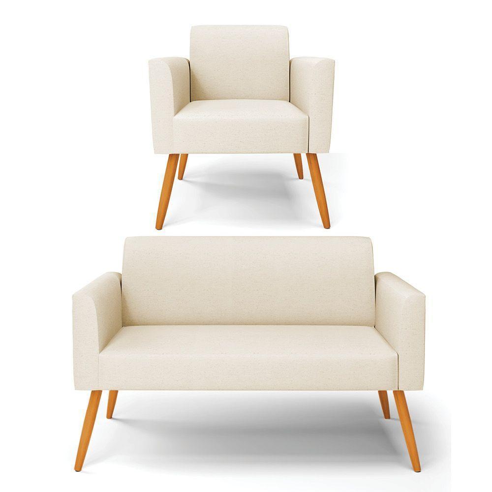 Sofá Namoradeira Com Poltrona Pés Palito Castanho Marisa Linho D03 - D\'rossi Cor A19 Bege - 1